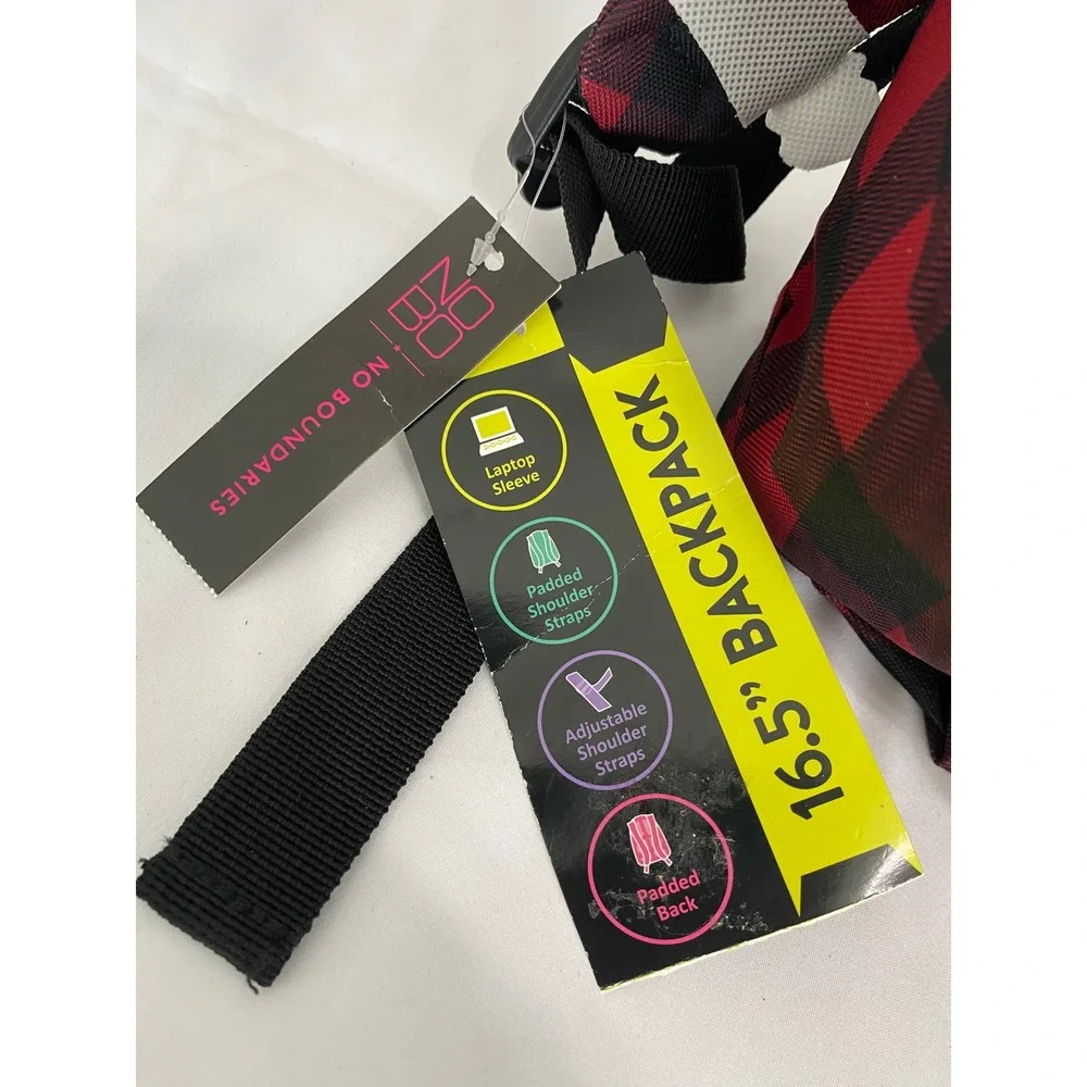 No Boundaries Backpack Unisex One Size Red Black Buffalo Plaid Laptop Sleeve 16.